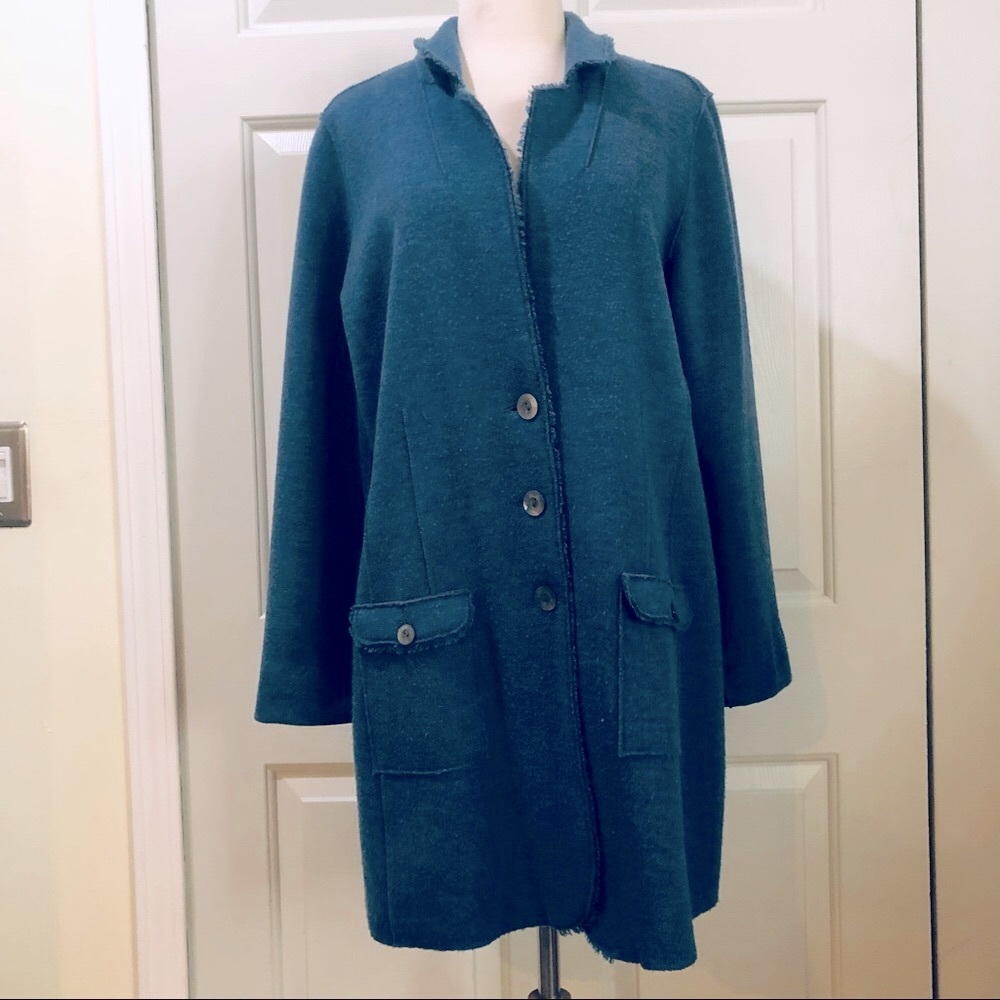 Eileen Fisher Boiled Wool Pockets Teal Color Jacket Coat Size Large